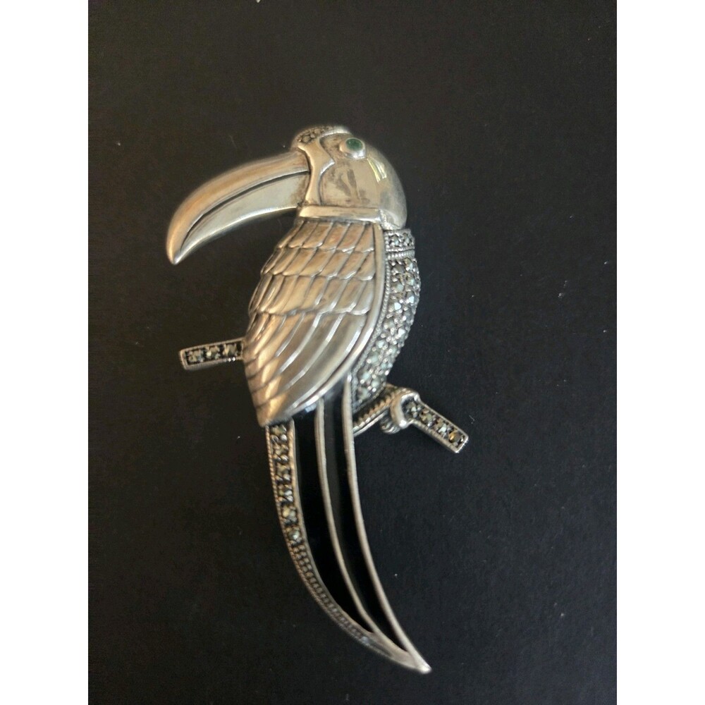 Vintage Signed "F" Toucan Bird Sterling Marcasite Black Enamel Pin Brooch